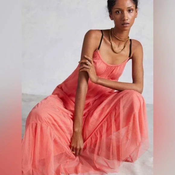 Anthropologie - MAEVE - Tulle, Coral, Tiered Maxi Dress Coral. Medium. - Picture 9 of 11